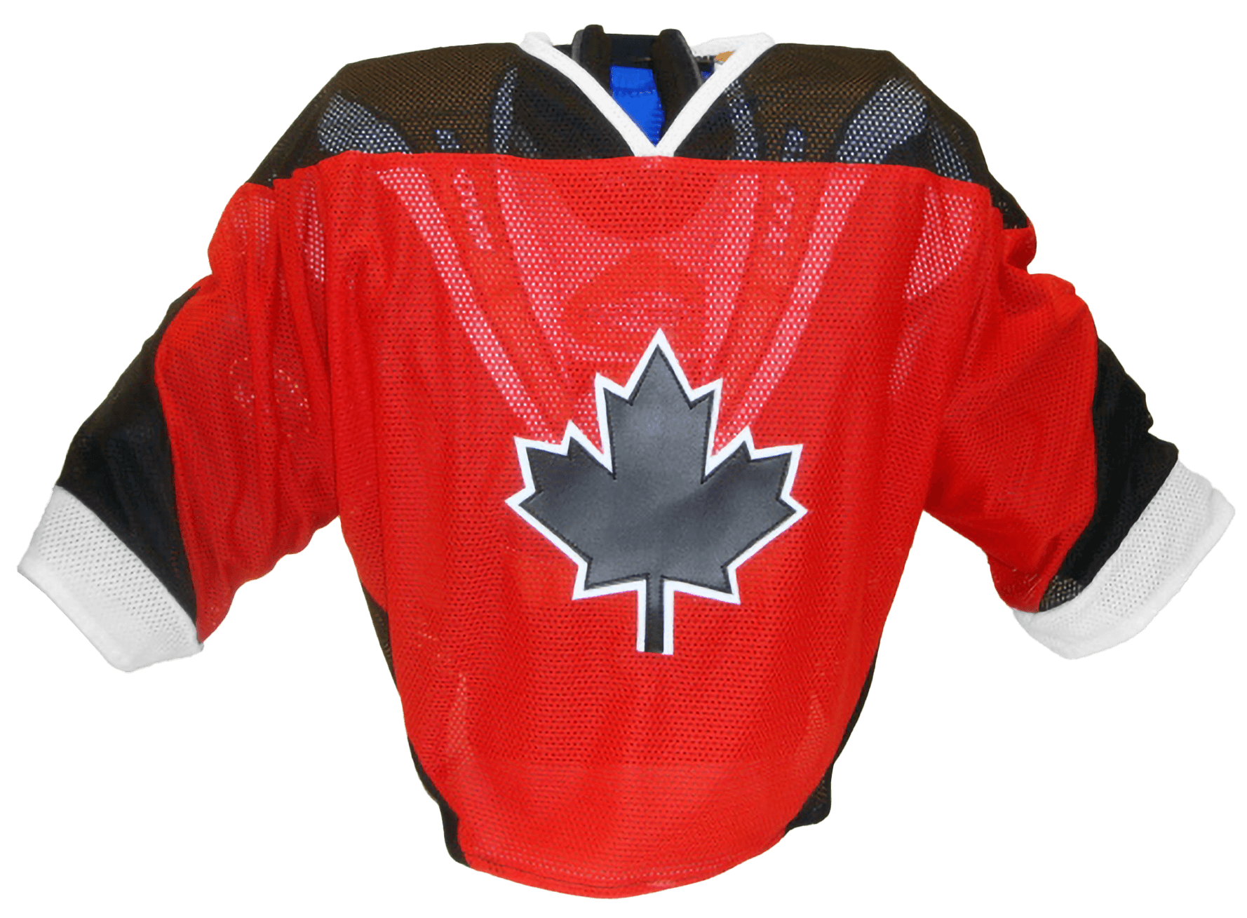 Red and black jersey with a large maple leaf