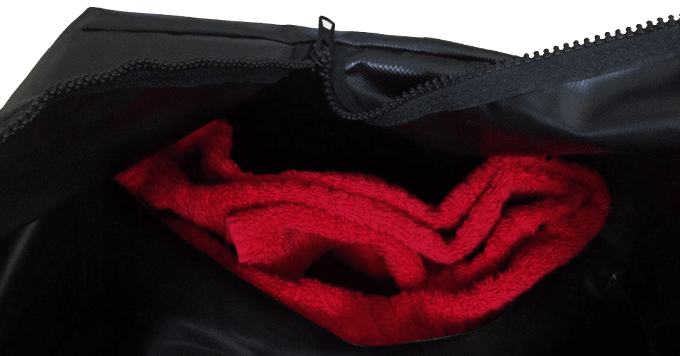Inner pocket with red towel inside
