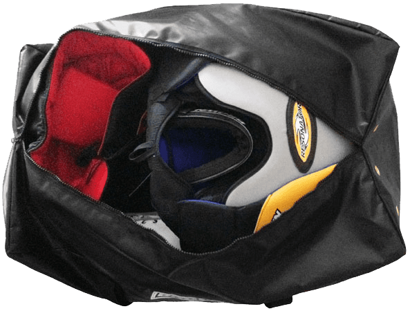 Bag viewed from top with zipper open showing equipment inside