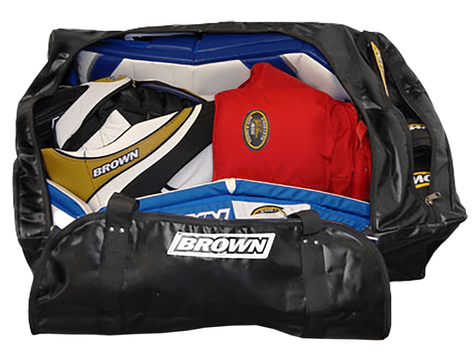 Bag viewed from top with zipper open showing equipment inside