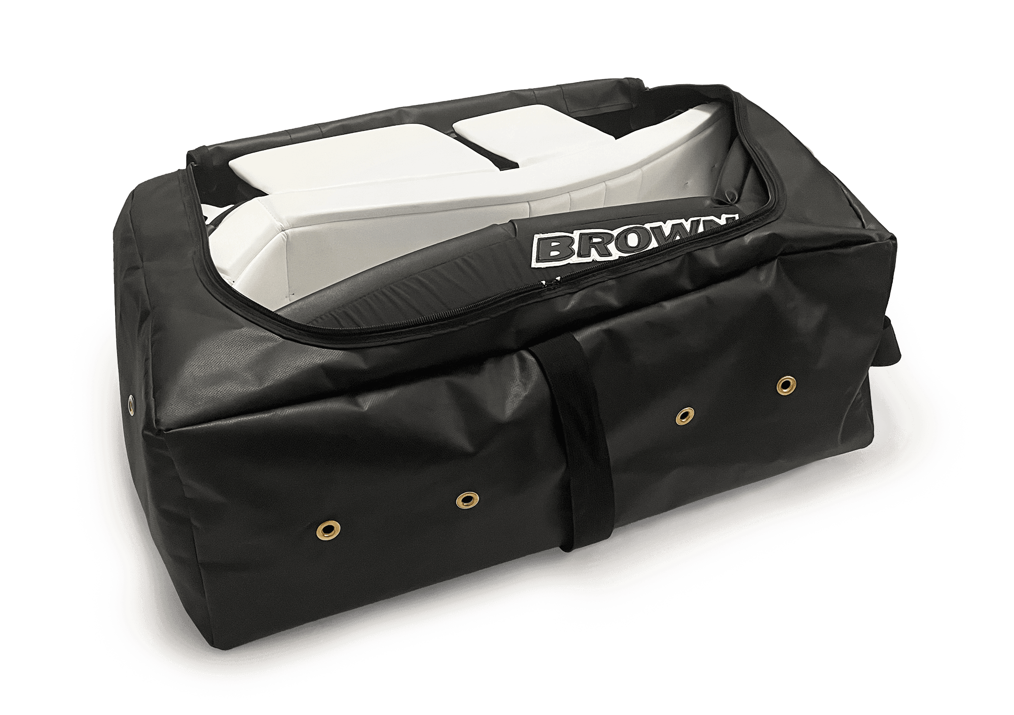 Angled view of leg pads inside pad bag