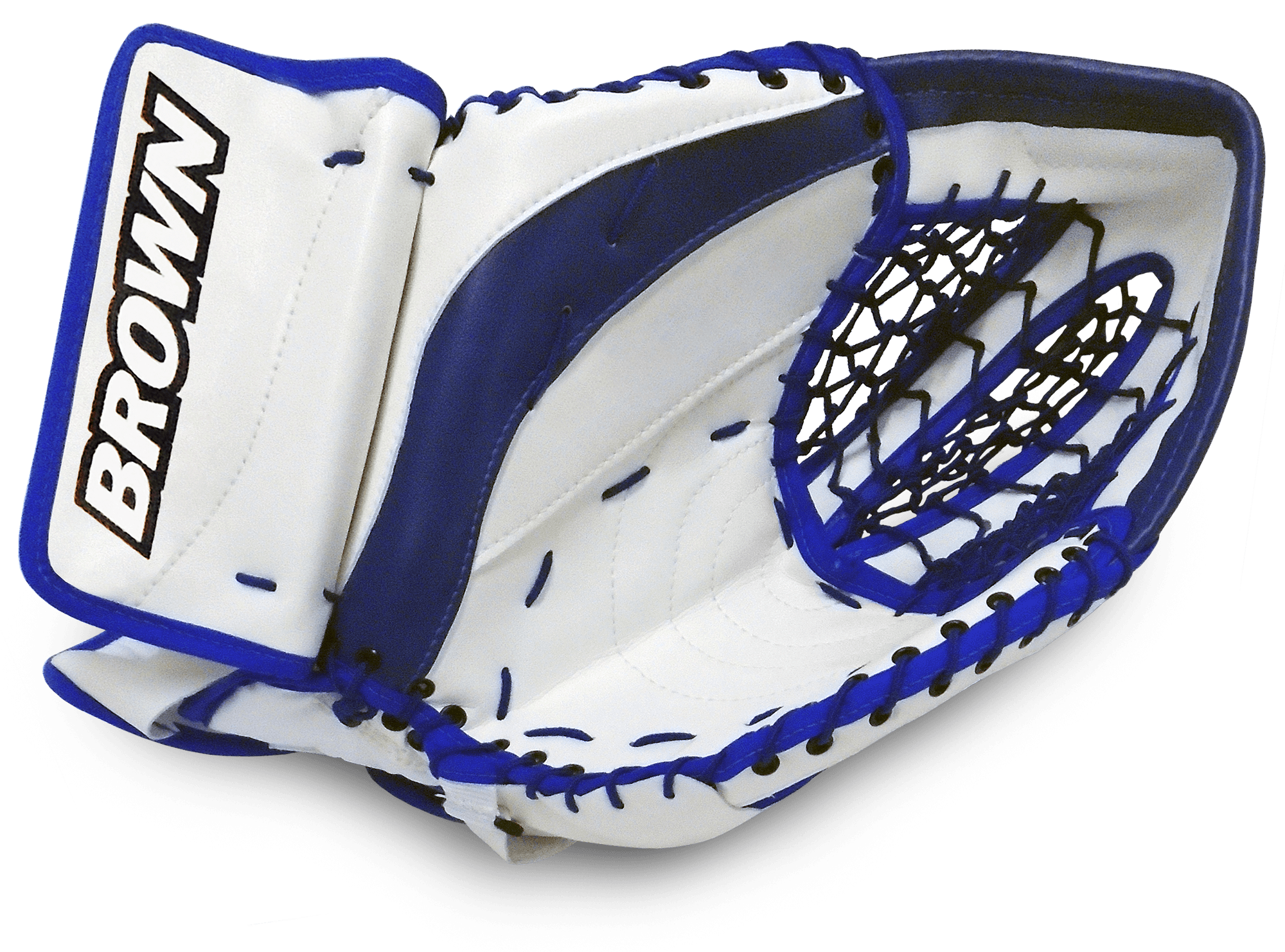 Front of senior 2200 catch glove in white and royal blue