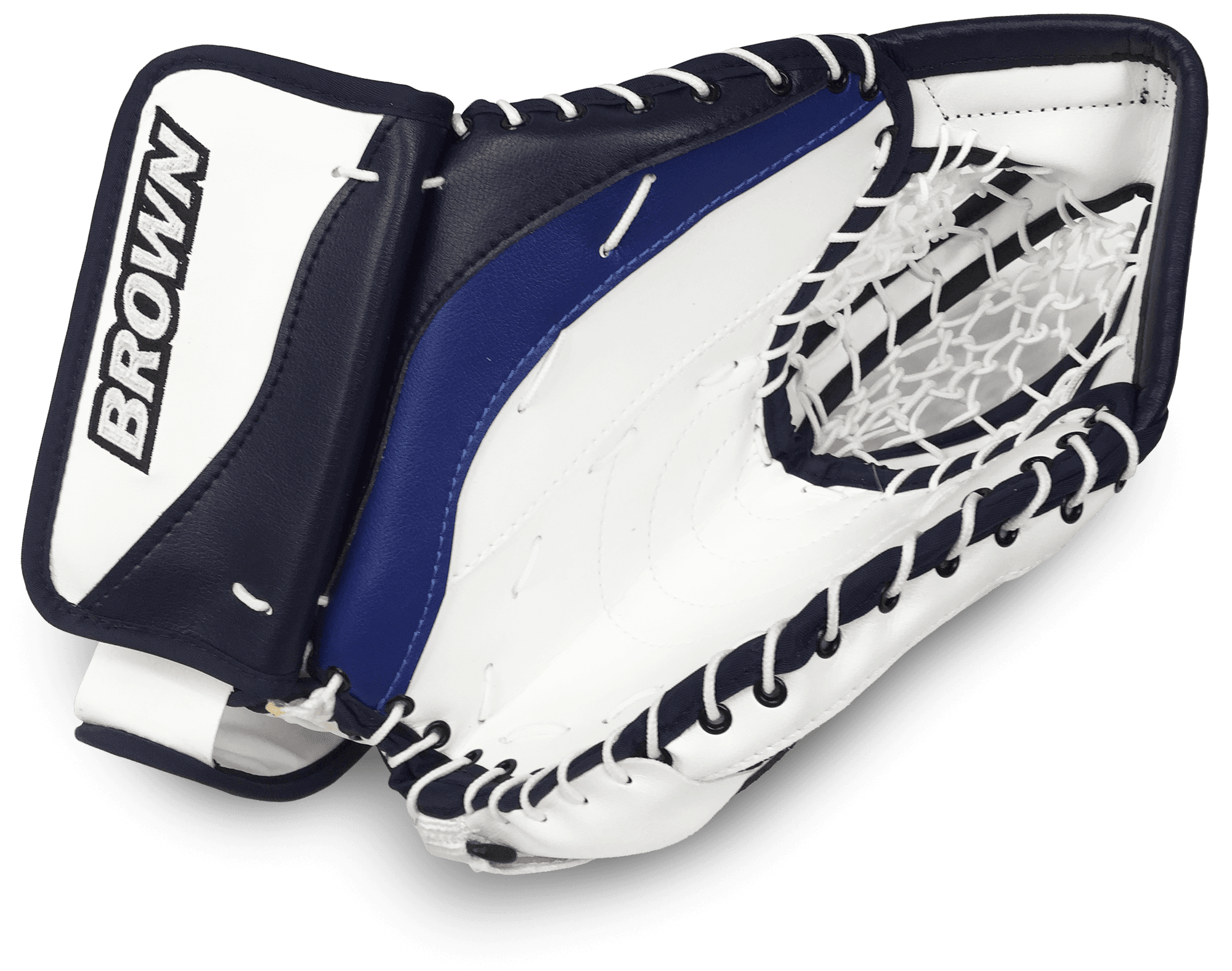 Front of senior 2200 catch glove in white navy blue and royal blue