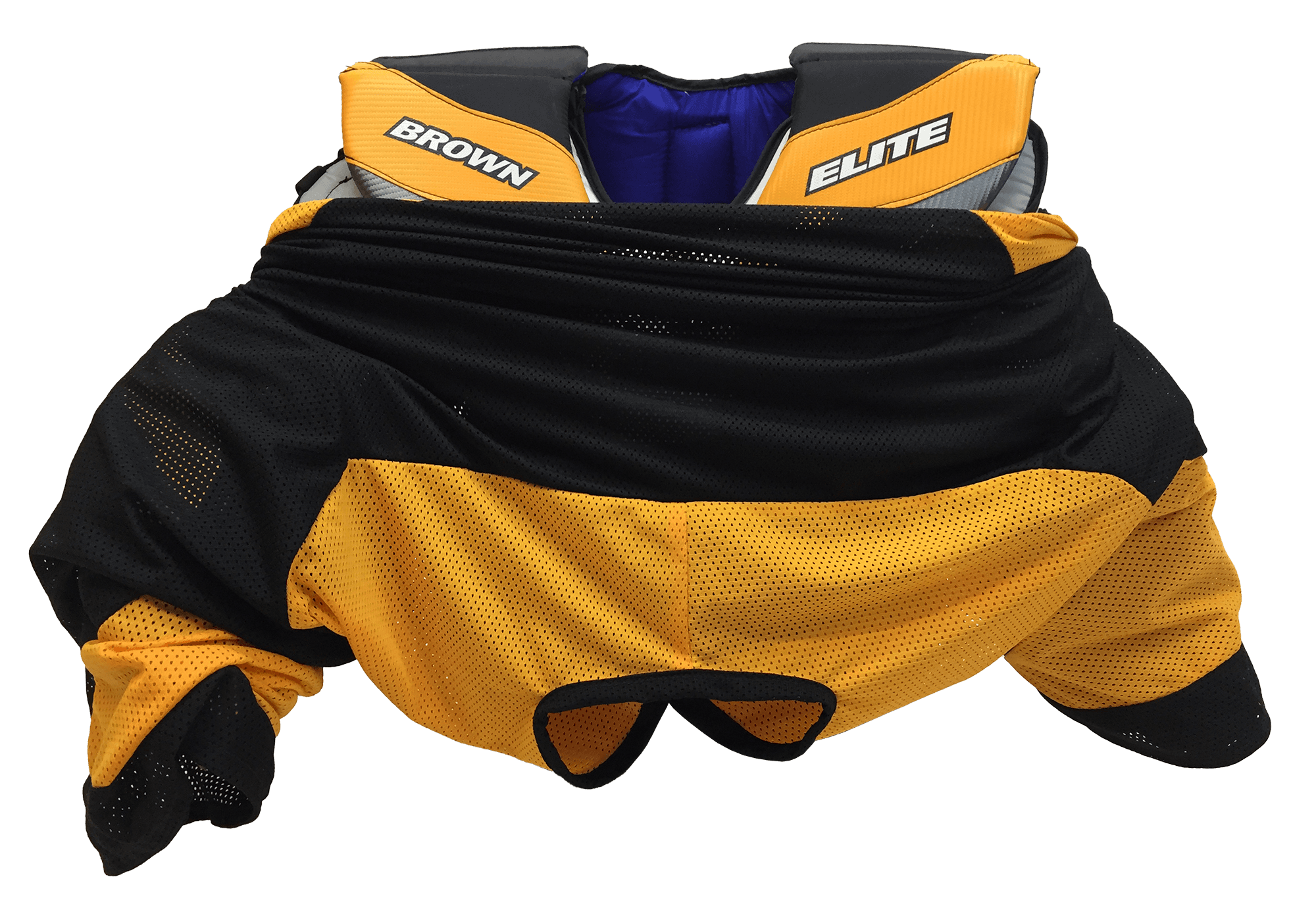 2400 jersey in black and sport gold with chest protector