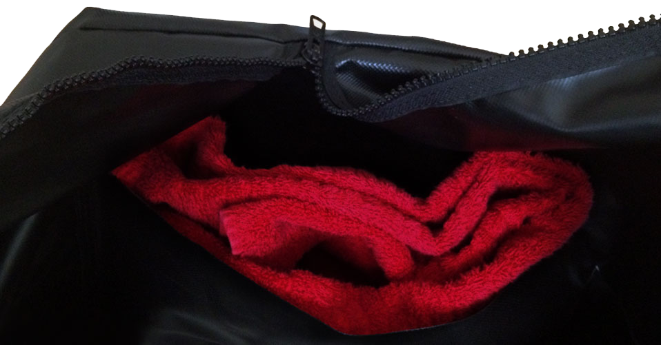 Inner pocket with red towel inside