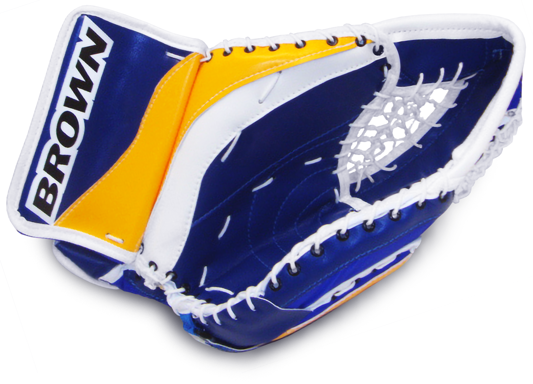 Front of senior 2200 catch glove in white navy blue and royal blue