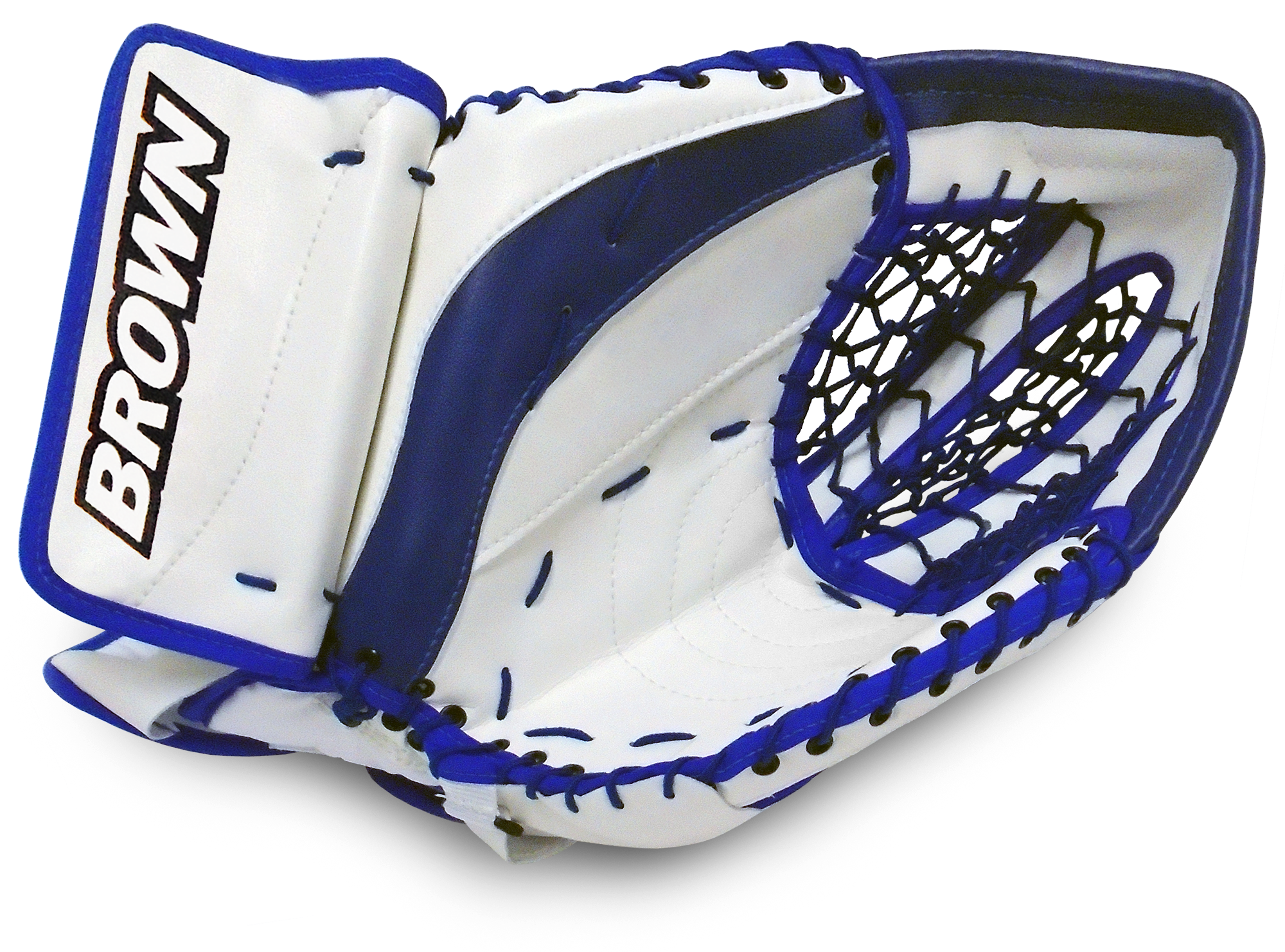 Front of senior 2200 catch glove in white and royal blue