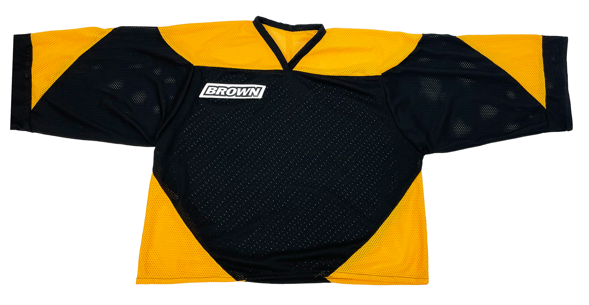 2400 jersey in black and sport gold laying flat