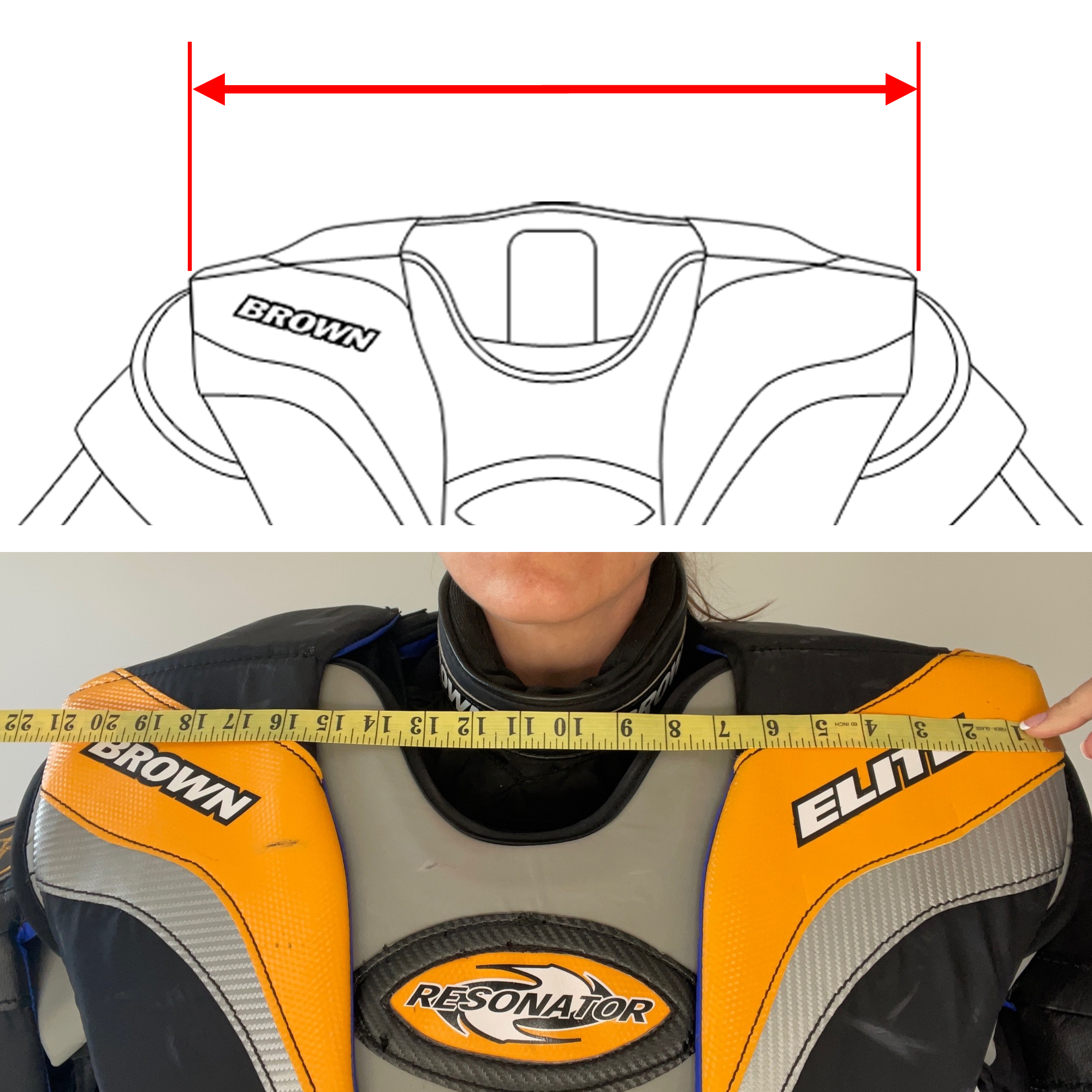 Measuring shoulder to shoulder with chest protector on